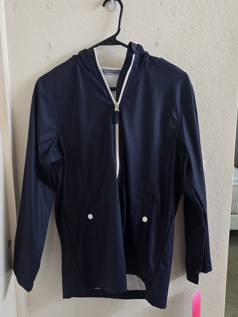 Girls Navy Hooded Rain Jacket with White Trim